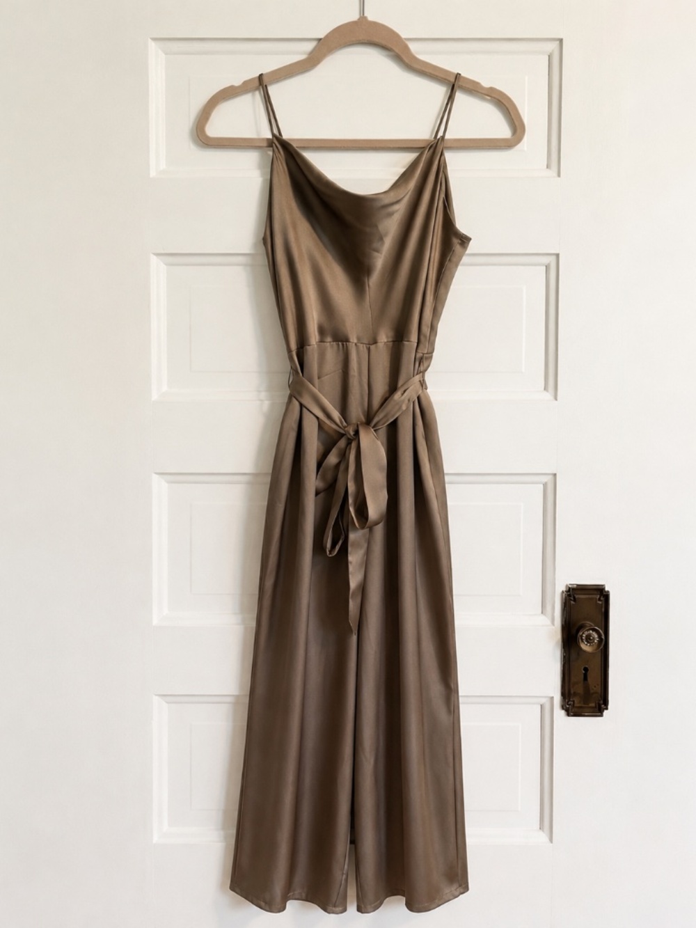 Olive Taupe Satin Cowl Neck Jumpsuit Size M